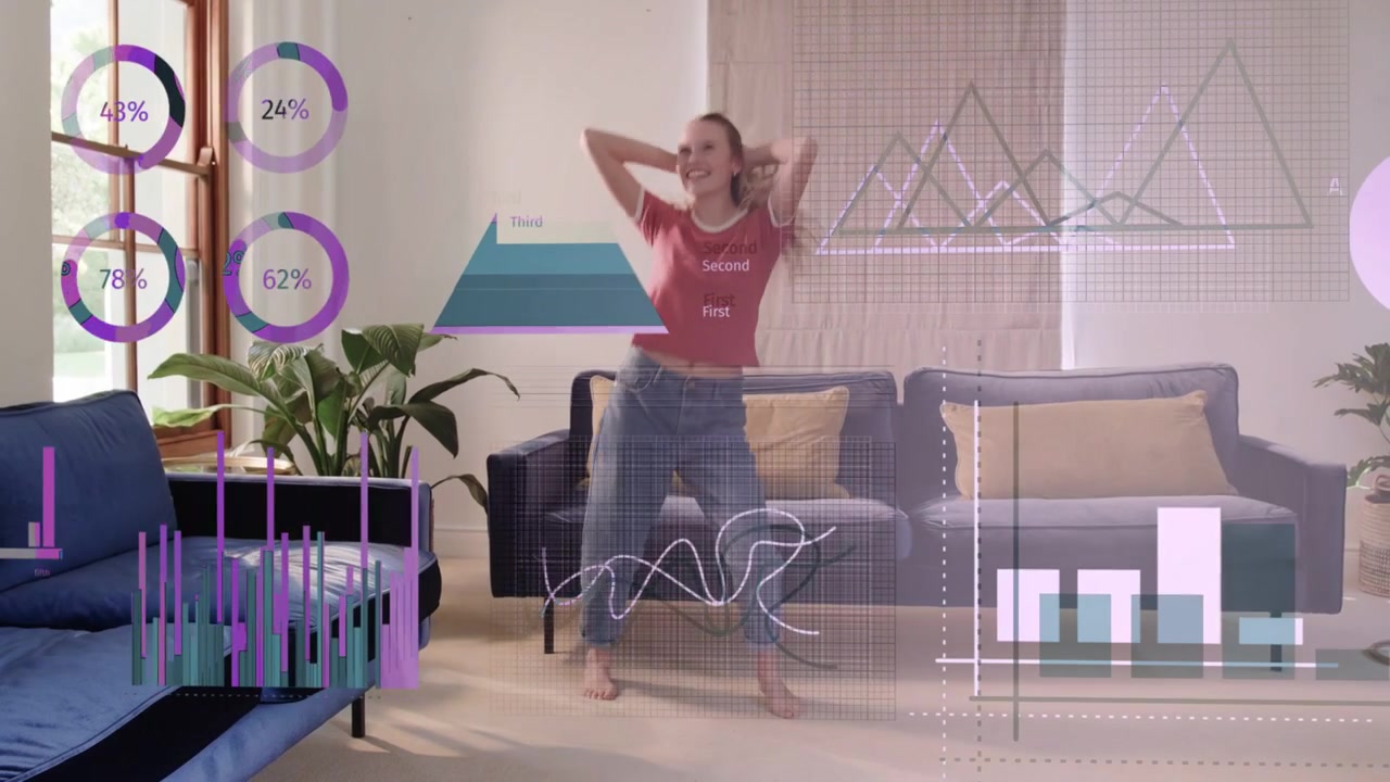 Woman shifting, stepping at home, causing charts and clock to update over her, showing tech data
