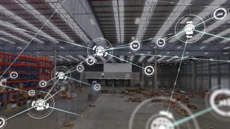 animation of network of connections with icons over warehouse