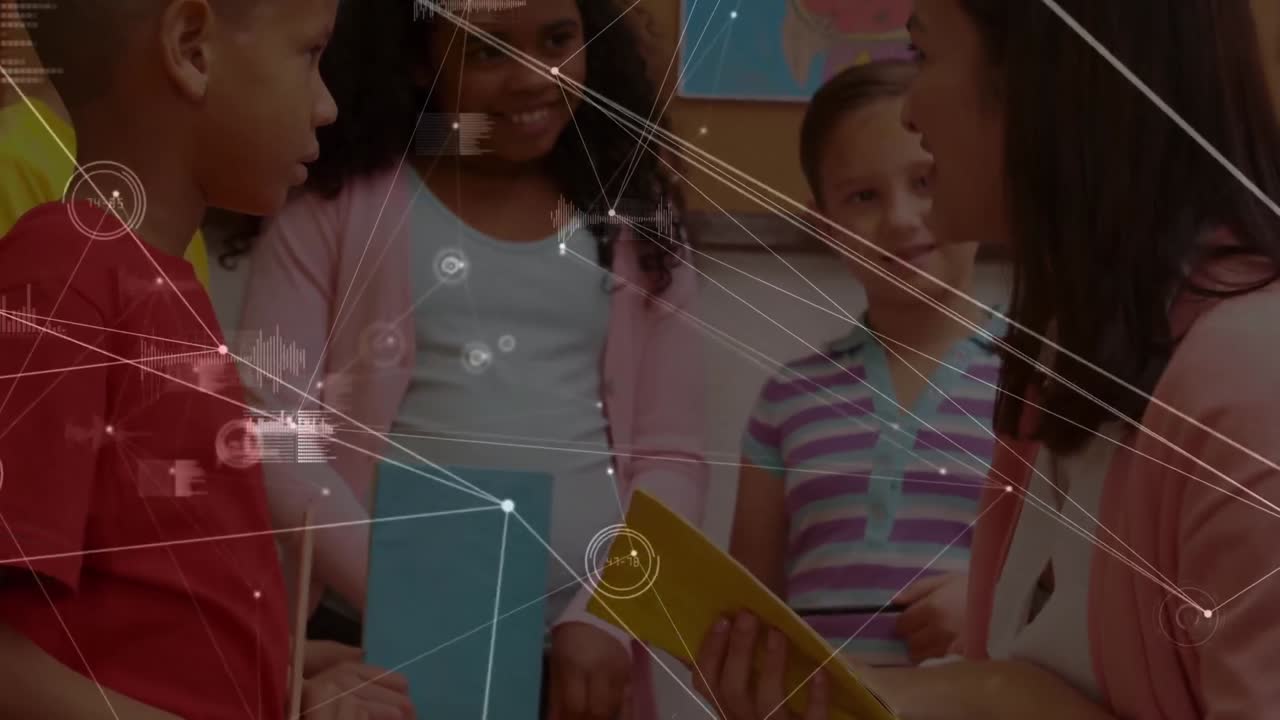 animación de la red de conexiones entre diversos escolares con cuadernos y maestros