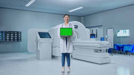 full body of asian female doctor with stethoscope smiling and showing green screen laptop while standing with mri machine in the hospital