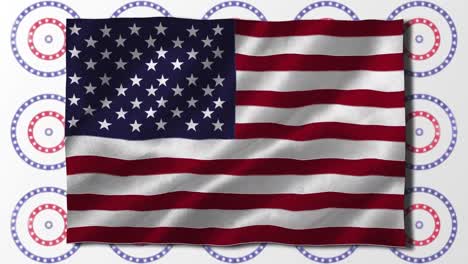 Animation-Einer-Wehenden-Amerikanischen-Flagge-über-Sich-Drehenden-Roten,-Weißen-Und-Blauen-Ringen-Auf-Weiß