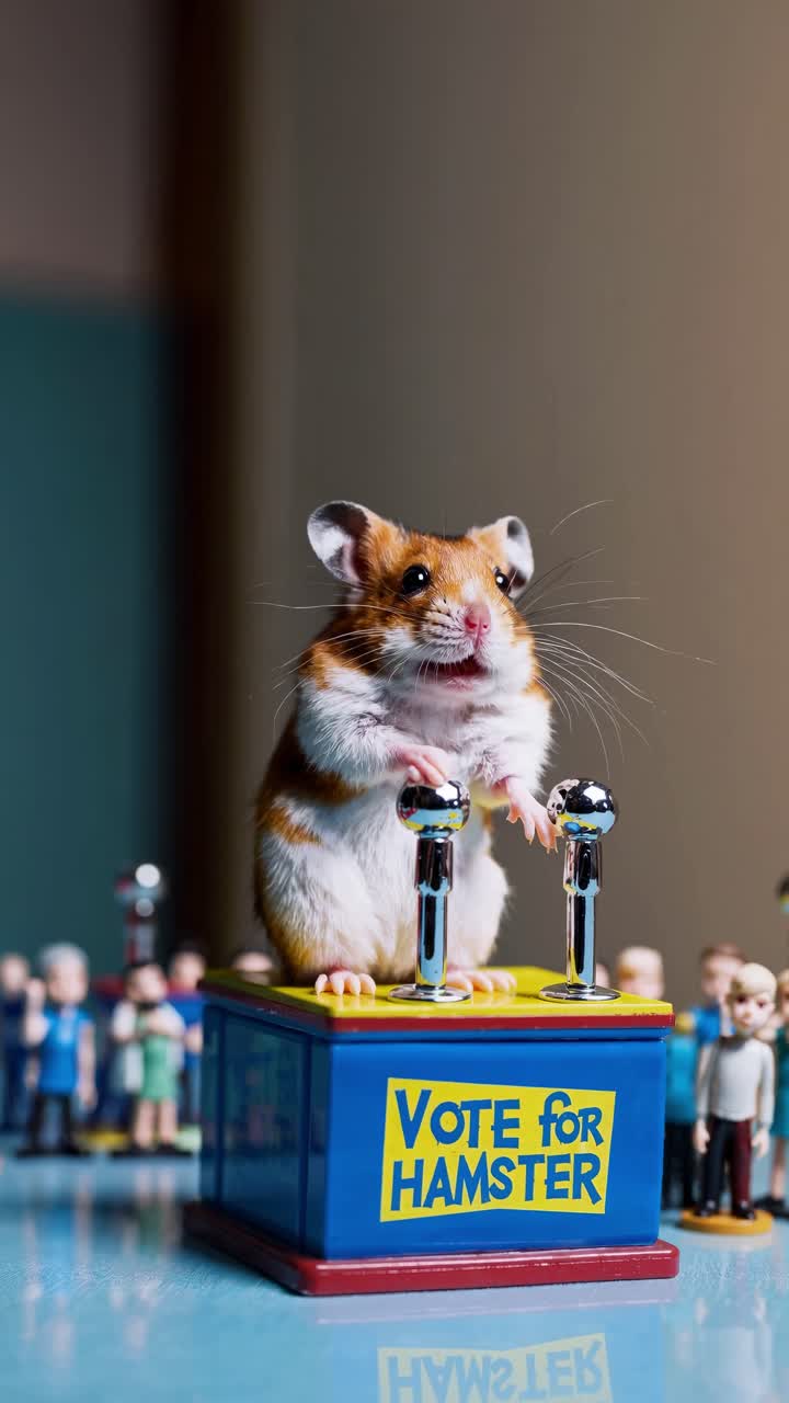 Cute hamster is standing behind a podium with microphones, giving a speech in front of a crowd, inviting people to vote for him, in a funny political campaign concept