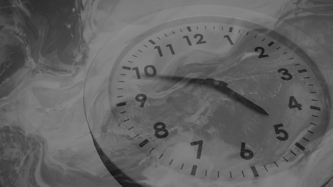 Clock face with swirling grayscale animation pattern in abstract design