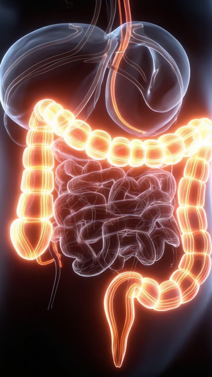 Una visualizzazione artistica del sistema digestivo umano, che mostra l'intestino e lo stomaco con un bagliore radioso, simile al neon, enfatizzando le complessità dell'anatomia digestiva.