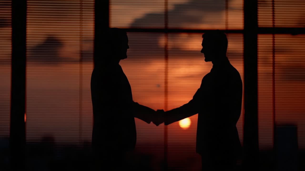 Two Business Professionals Engaging in a Firm Handshake at Sunset, Signifying Partnership and Collaboration in a Corporate Environment