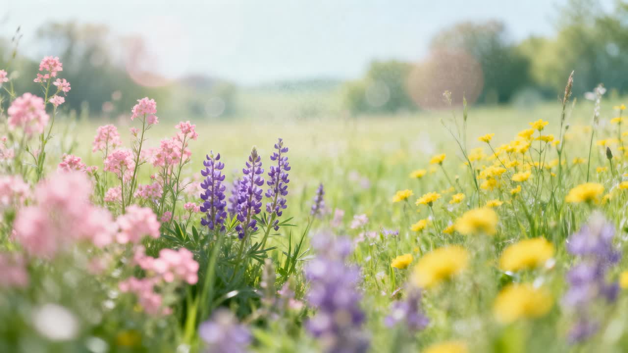 Pulling back camera revealing purple lupine cluster and pink, yellow blooms in sunlit meadow