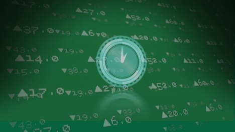 Animation-of-clock-over-financial-data-on-green-background