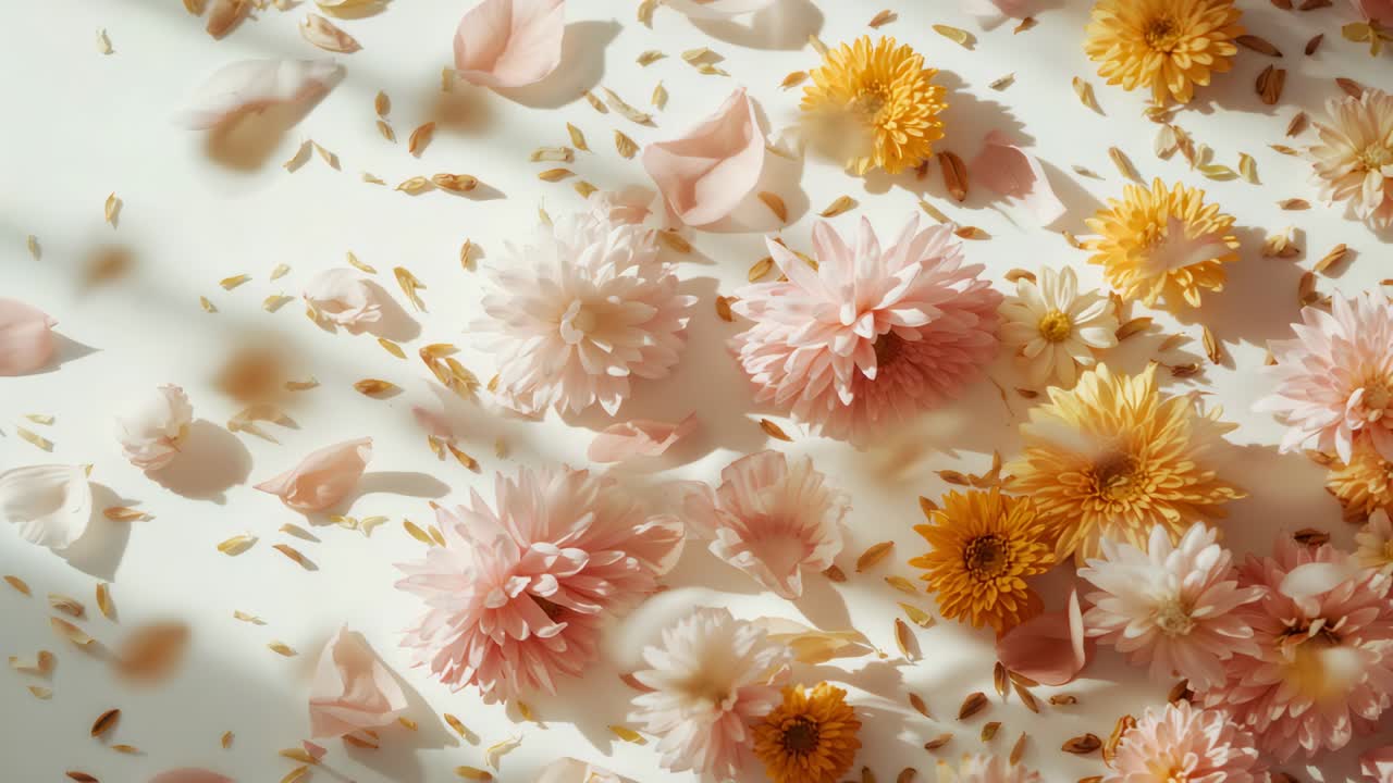 Shifting camera nudging soft pink and yellow pompom blooms drifting with petals on white surface