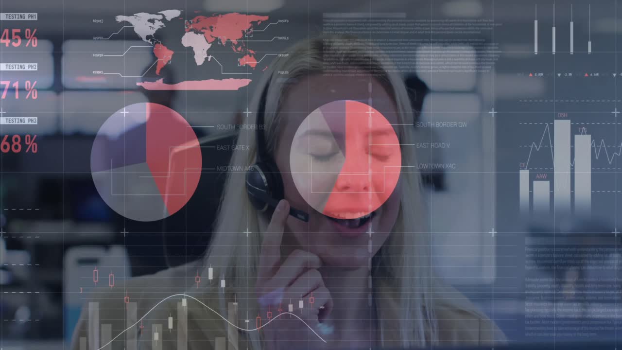 procesamiento de datos estadísticos sobre ejecutiva de atención al cliente caucásica hablando por auriculares