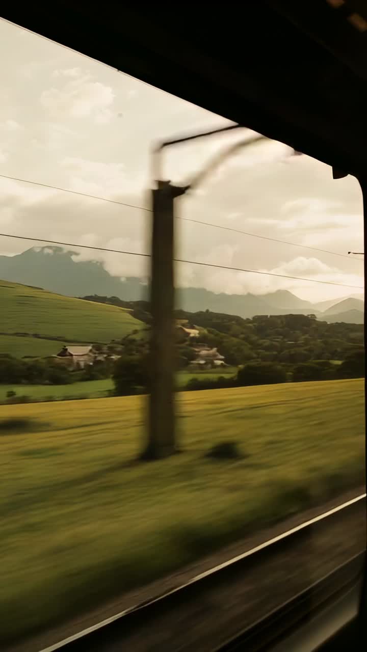 Vertical video: Train speeding through valley via window frame, fields and hills rolling past poles