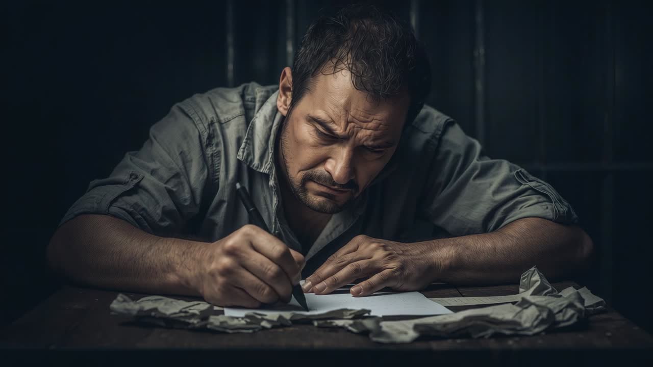 Furrowing brow, adult man leaning forward, writing intensely at worn wooden table with black pen