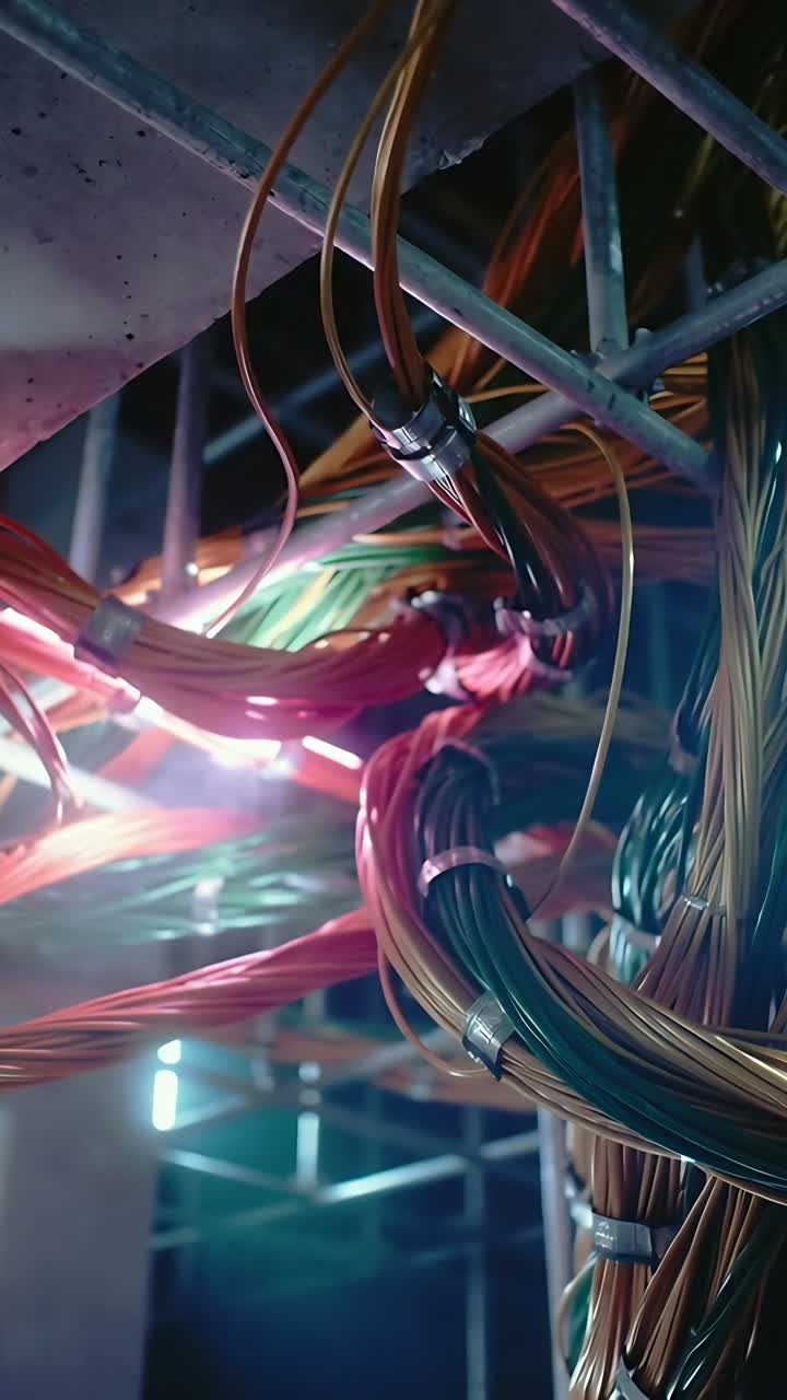 Vertical video: Moving camera showing cable harness under slab for inspection, pink-lit clamps