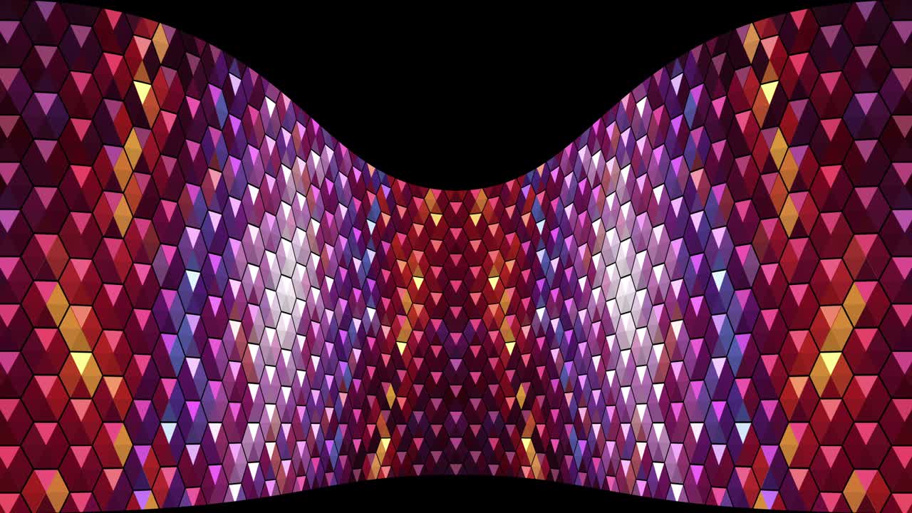 fondo 3d en una pared curva. pared flexible curva hecha de triángulos brillantes de mosaico rojo y púrpura. perspectiva de la etapa.