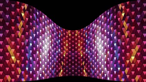 fondo 3d en una pared curva. pared flexible curva hecha de triángulos brillantes de mosaico rojo y púrpura. perspectiva de la etapa.