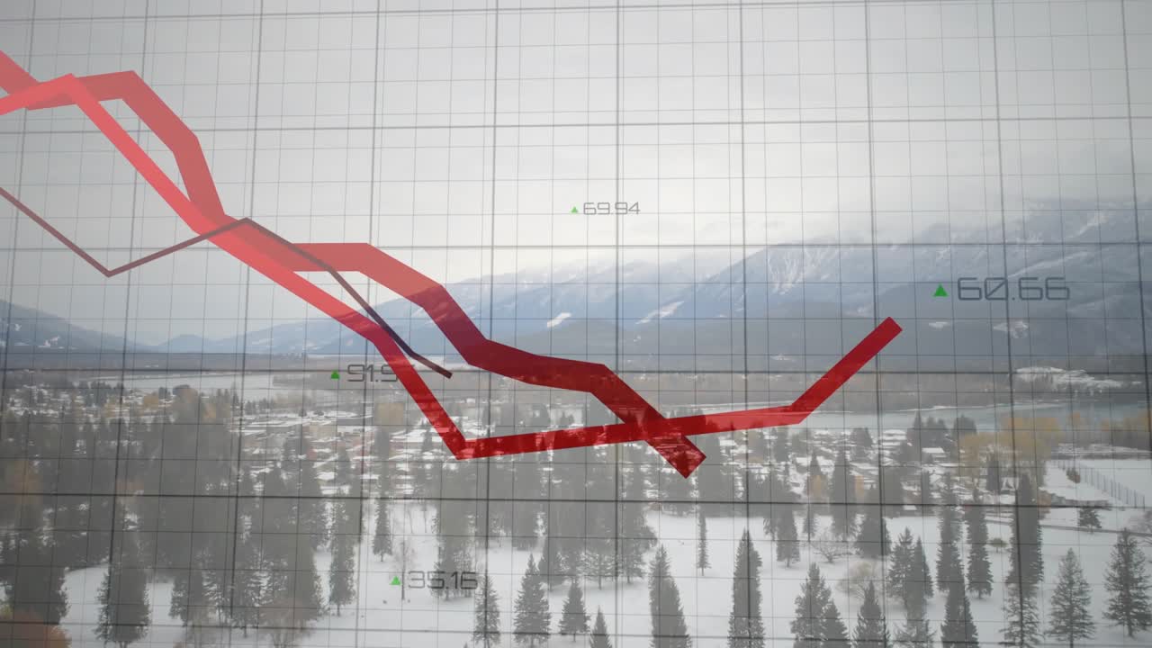 Red segmented 3D line appearing upper-left, sweeping across faint grid, visualizing falling trends