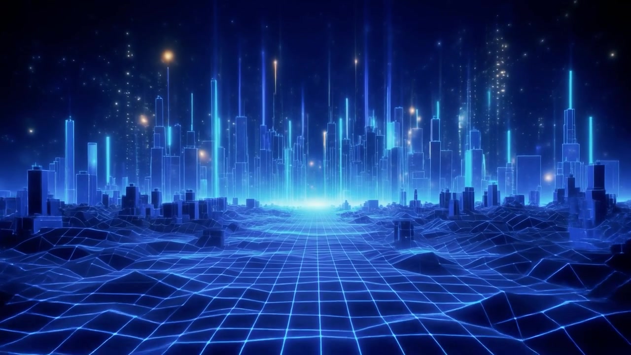 Futuristic Digital Cityscape with Glowing Neon Grid and Skyscrapers