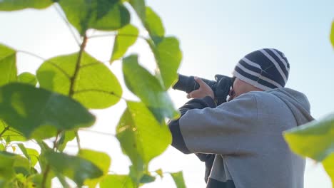 Photographer-taking-pictures-with-DSLR-camera-at-park,-leaf-foreground,-sunny