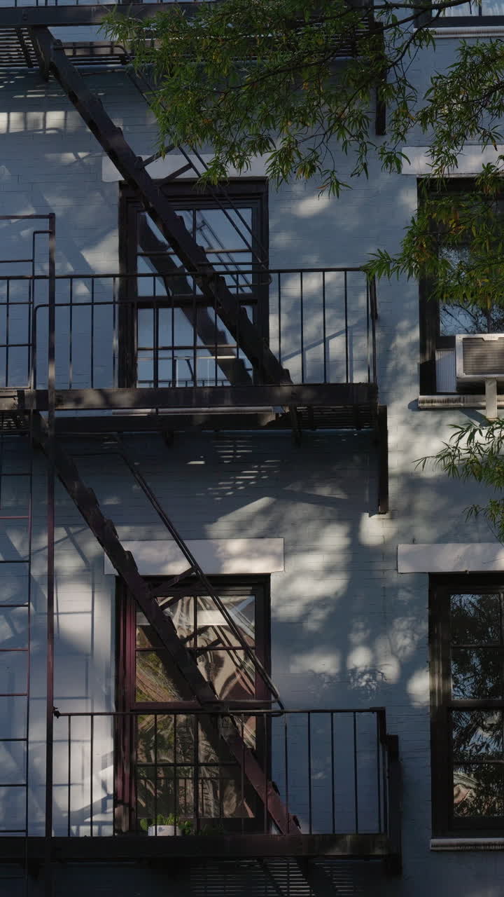 Luce solare e ombre di alberi in movimento su una facciata di un edificio urbano.