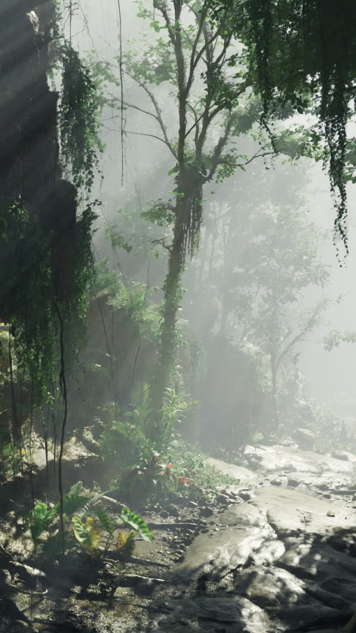 Sunlight filters through dense foliage in a tranquil forest valley