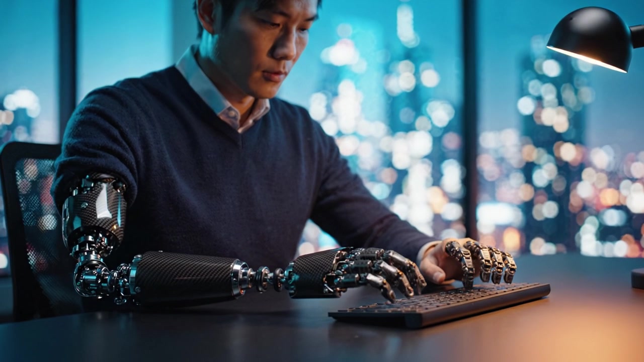 高度なロボットアームを持つ人物がハイテクな環境でキーボードを巧みにタイプしており、現代生活におけるテクノロジーと人間の能力の融合を示している。