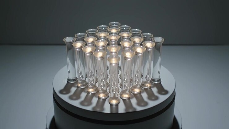 Rotating glass cylinder cluster on motor-driven mirrored platform on plinth, showing metallic caps
