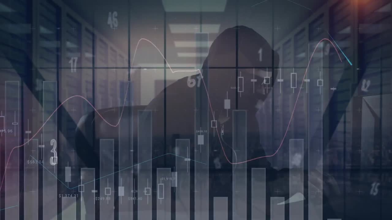 Animation of data and statistics processing over computer hacker