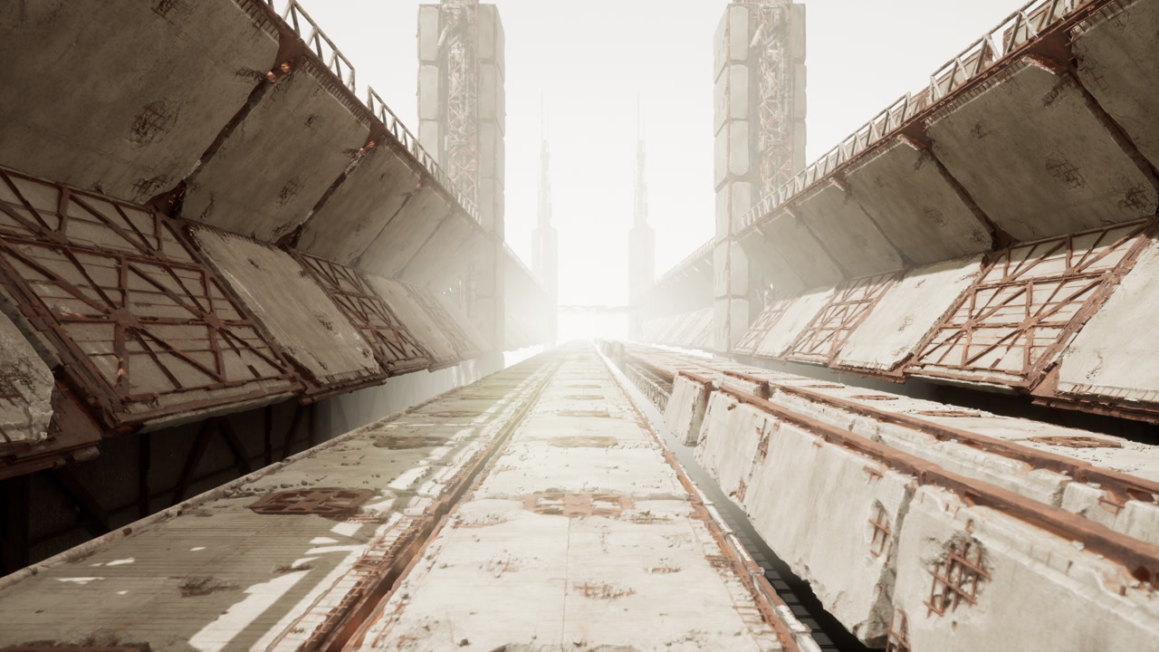 Forgotten transit channel under hazy light with surrounding structures