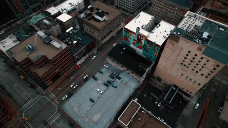 overhead aerial of milwaukee wisconsin, mural by artist shepard fairey