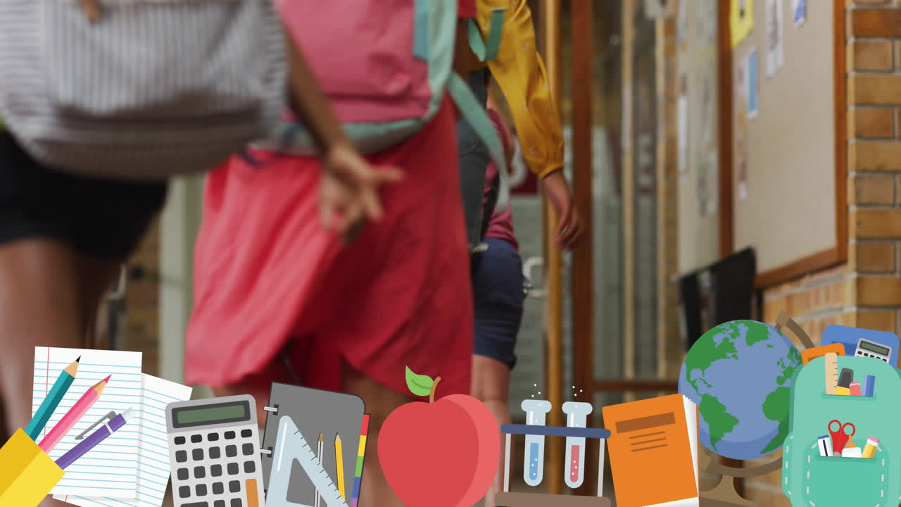 animación de objetos escolares sobre niños escolares que corren en la escuela