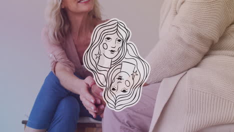 animatie van vrouwelijke iconen over senior diverse vrouwelijke vrienden die handen vasthouden