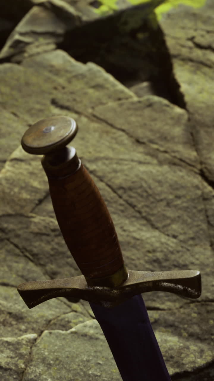 Ancient sword resting on rocky surface in mysterious setting at dusk
