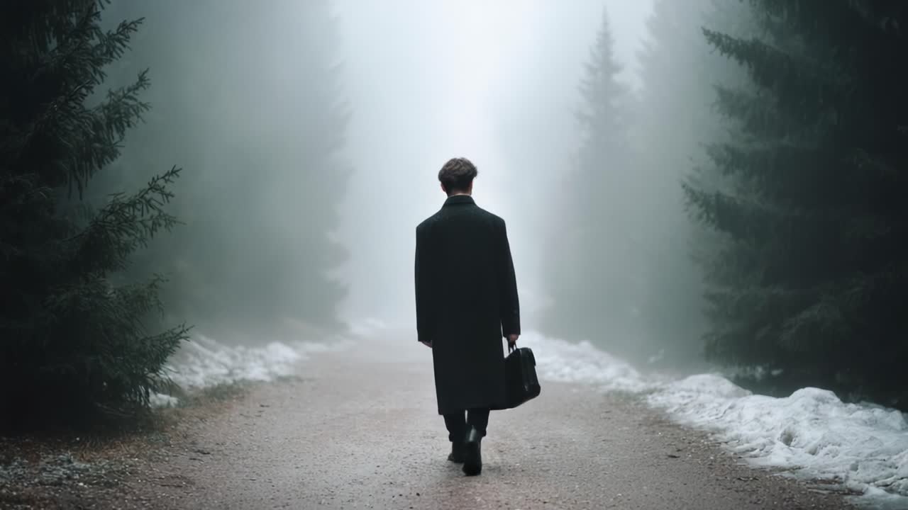 A solitary figure walks through a misty forest path, shrouded in fog, embodying themes of isolation, introspection, and the unknown journey ahead