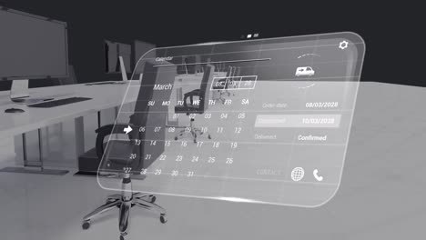 animación de la interfaz digital con procesamiento de datos en el interior de la oficina con escritorios y computadoras