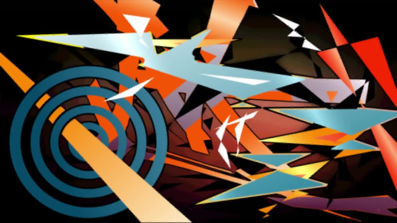 Animation of dynamic colourful graphic pattern building over red cloud on black background