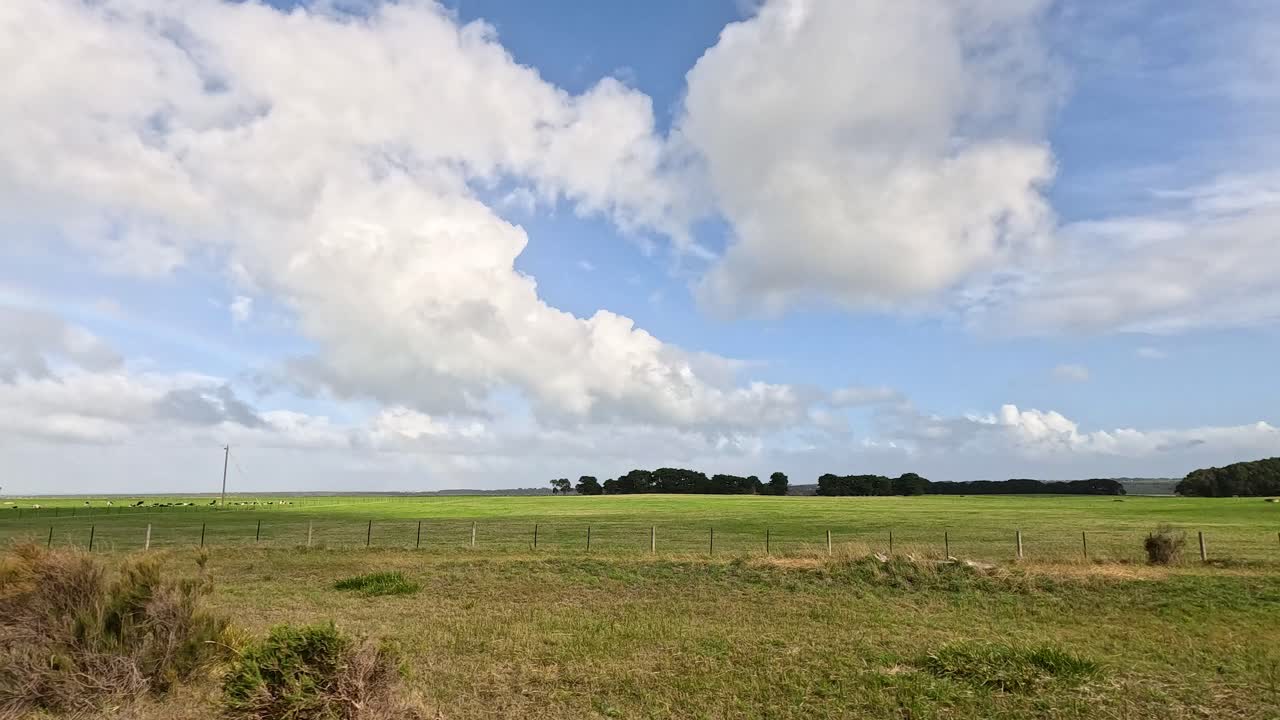 Lush fields and distant mountains under blue skies