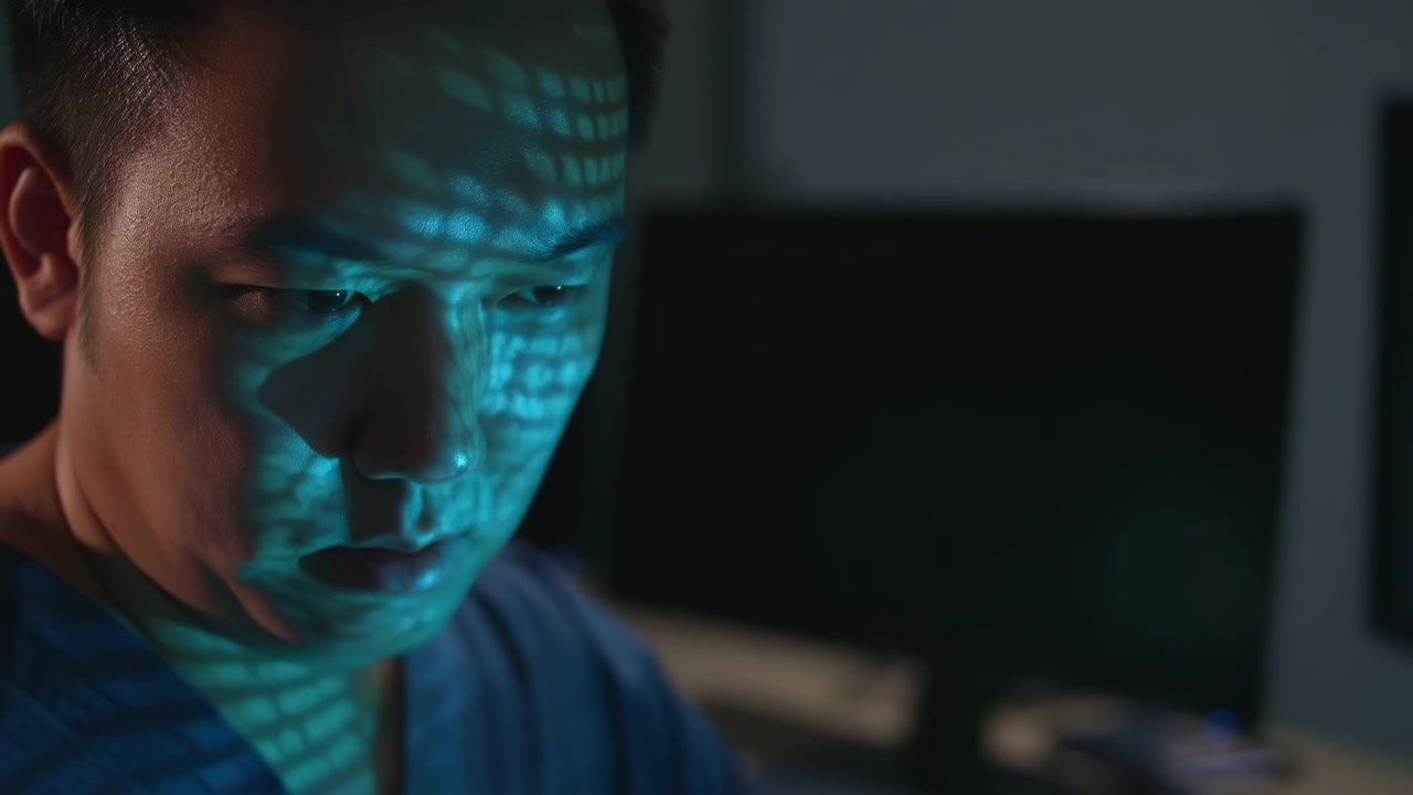 Primer plano de un hombre adulto serio en interiores, con luz azul verdosa de una pantalla cercana iluminando un lado de su rostro. El fondo borroso muestra una iluminación tenue.