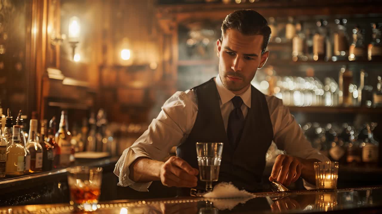 Bartender preparing a cocktail at a vintage bar