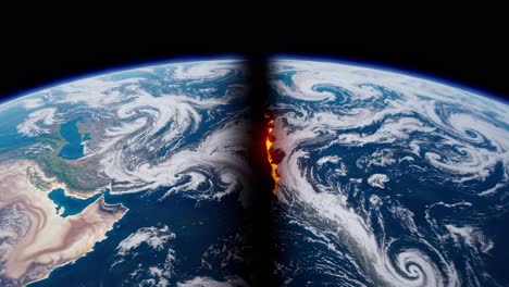 planetary crust breaking violently, revealing molten core with fiery lava spreading across fractured geological landscape, symbolizing catastrophic environmental collapse