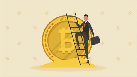 hombre de negocios en la escalera con bitcoin animación de criptomoneda