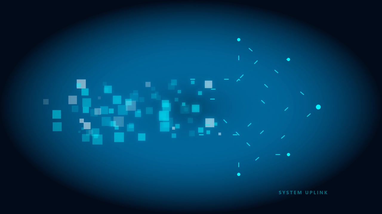 Abstract Digital Data Stream with Floating Blue Squares and Network Nodes