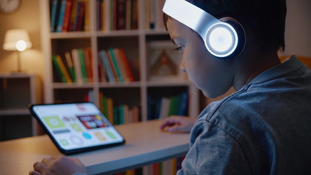 A child wearing futuristic headphones watches a tablet video. Side angle captures the cozy room