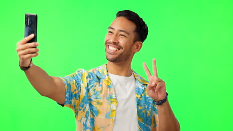 selfie, man and peace sign in green screen studio