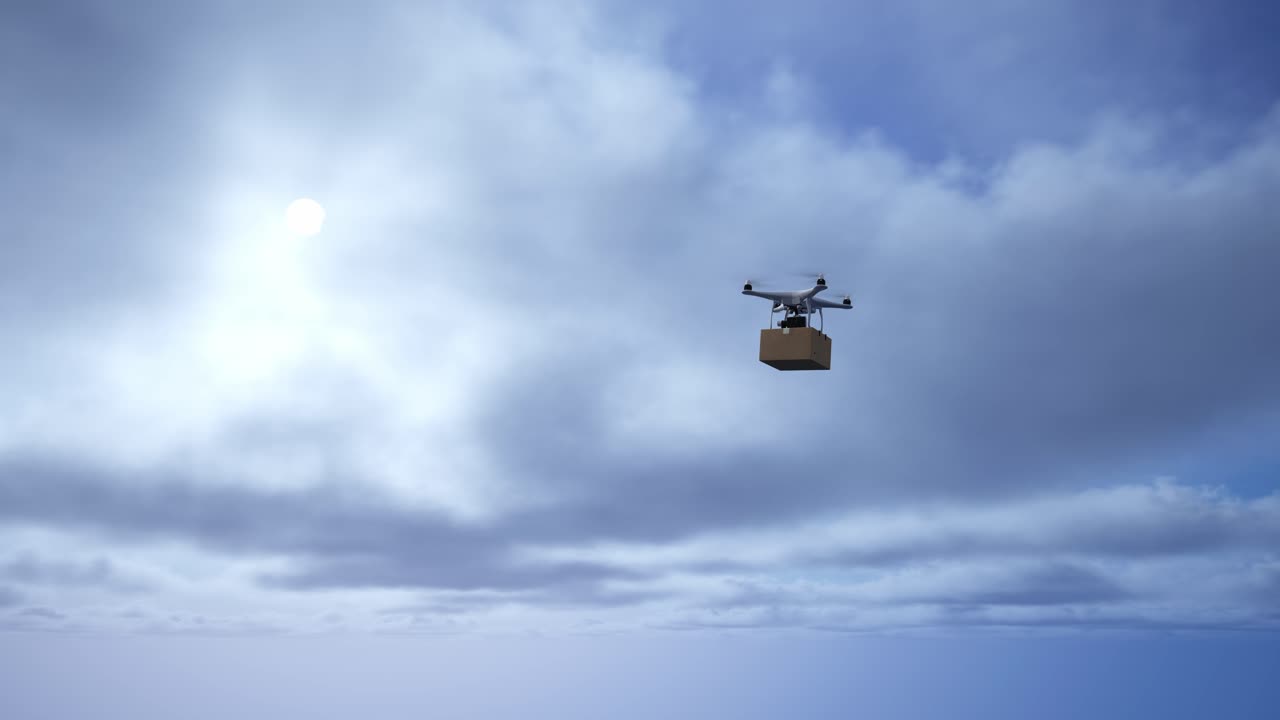 카드보드 패키지를 들고 하늘 배달 드론을 타고 비행