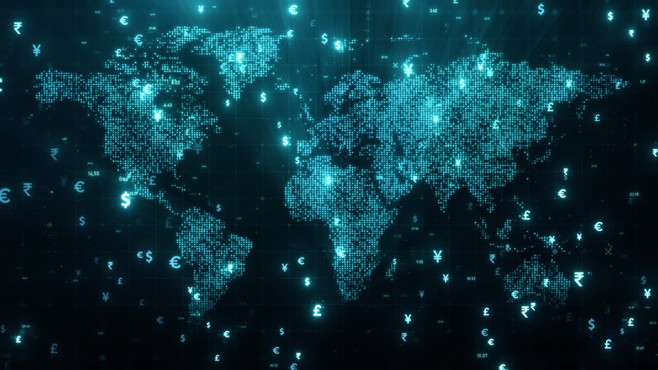 Animated Global Currency Symbols Over Futuristic Digital World Map Dark Blue Finance Background