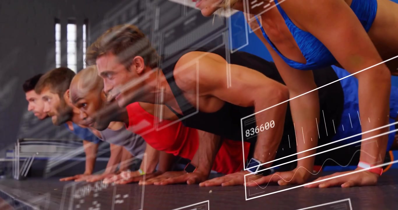 Fitness group performing push-ups triggered by timer cue with animated performance metrics