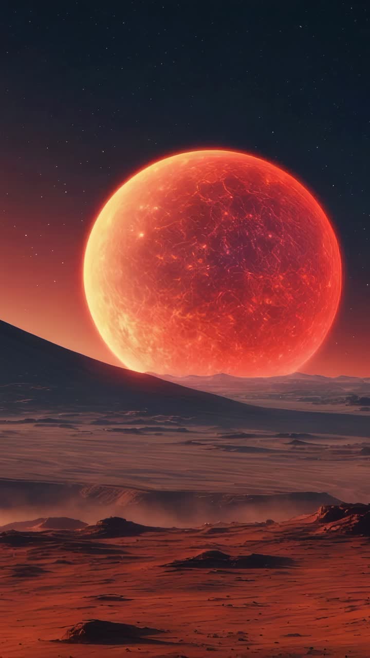Vertical video: Emerging red planet ascending above horizon on dunes below starry sky, casting glow