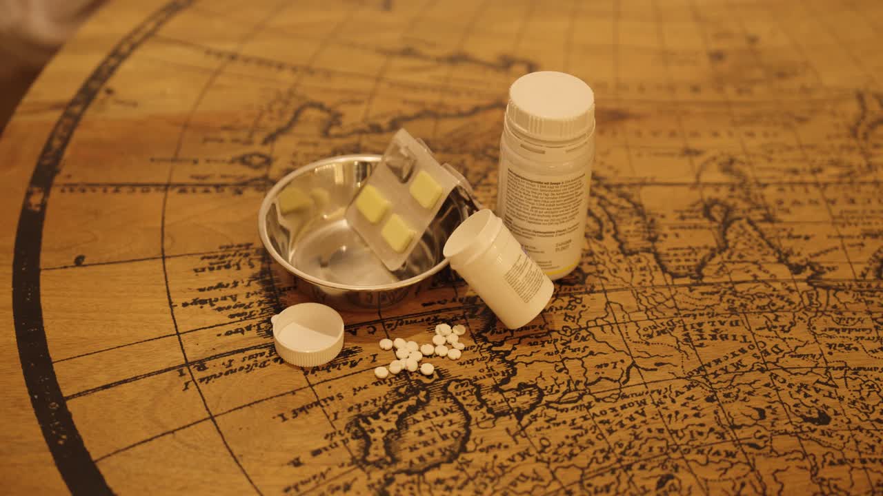 A hand picks up medicine tablets from a table surrounded by bottles and blister packs, symbolizing daily health care and routine