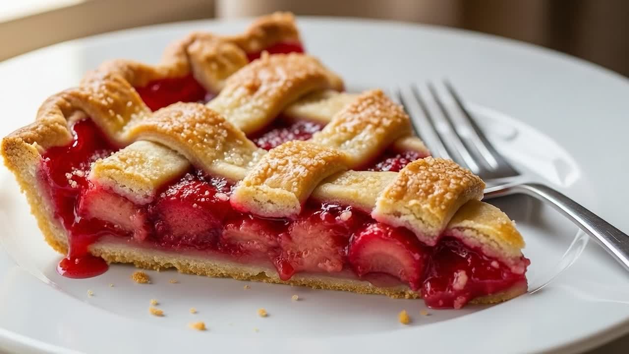 A Delicious Cherry Pie Slice On A Plate With A Fork, Highlighting Its Juicy Filling And Golden Brown Crust - A Perfect Dessert For Any Occasion