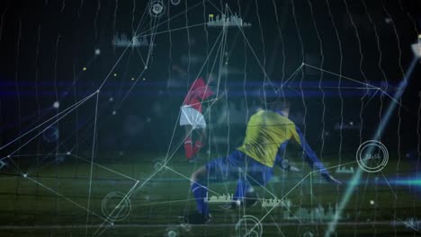 Animation-of-data-processing-and-connections-over-diverse-male-soccer-players-on-stadium