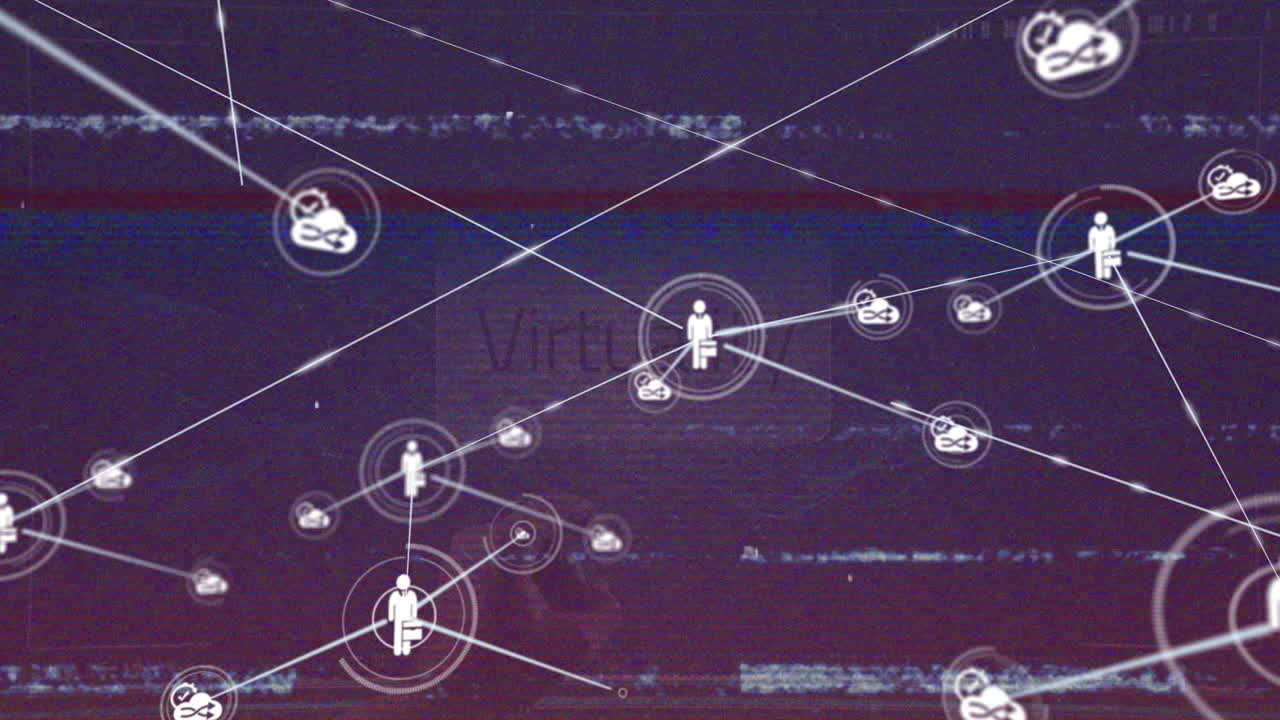 Animation of network icons and figures over digital glitchy background